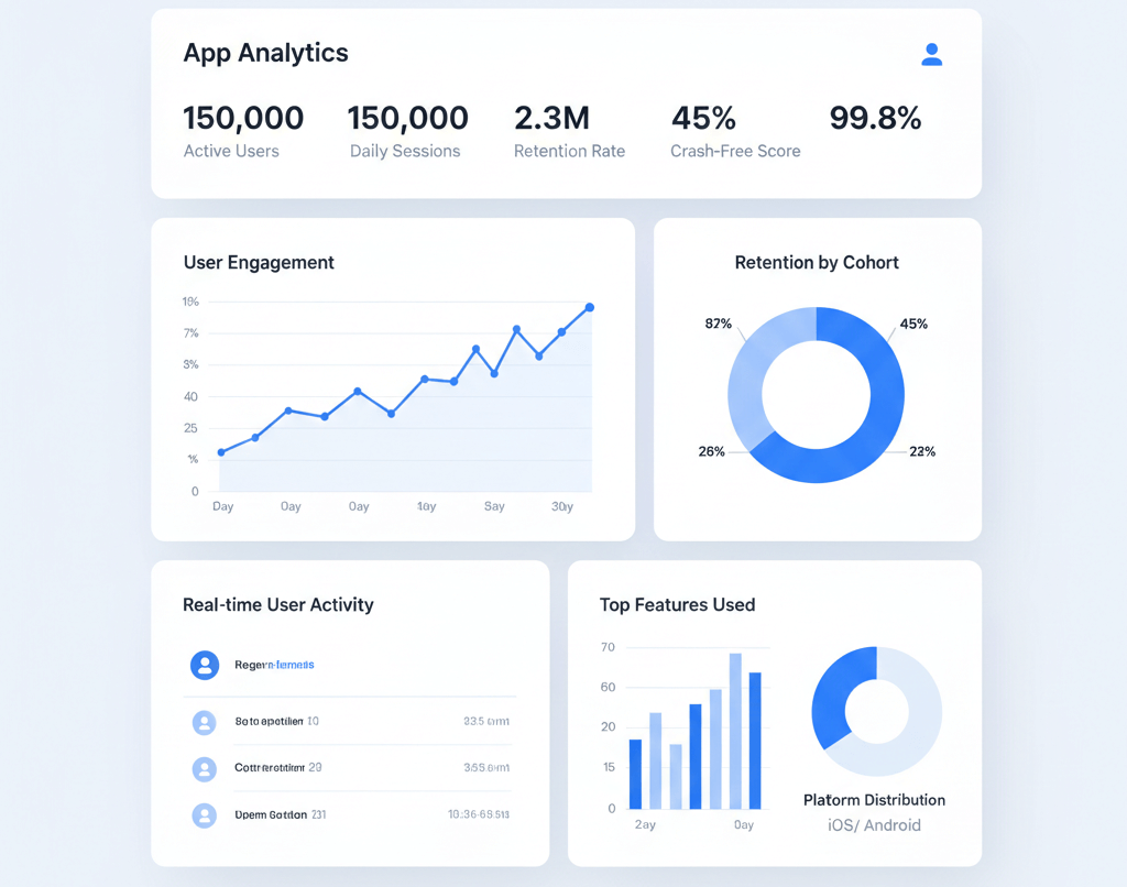 Mobile app analytics dashboard showing user engagement metrics