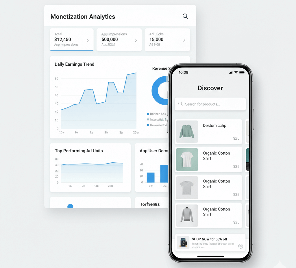 Mobile app monetization dashboard with in-app banner ads