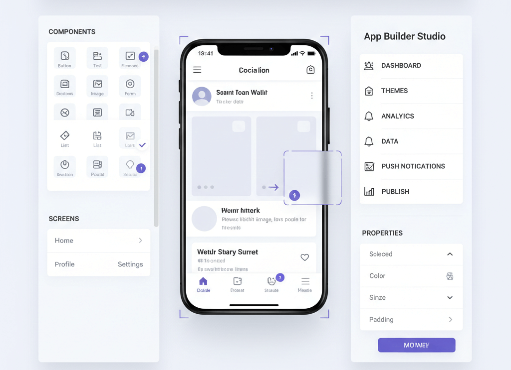 No-code mobile app builder dashboard with live preview