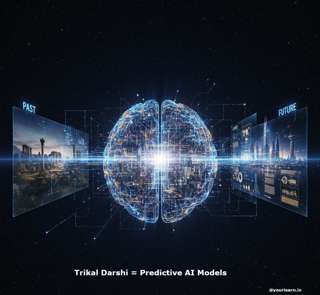 Trikal Darshi concept visualised as predictive AI neural network analysing past present and future